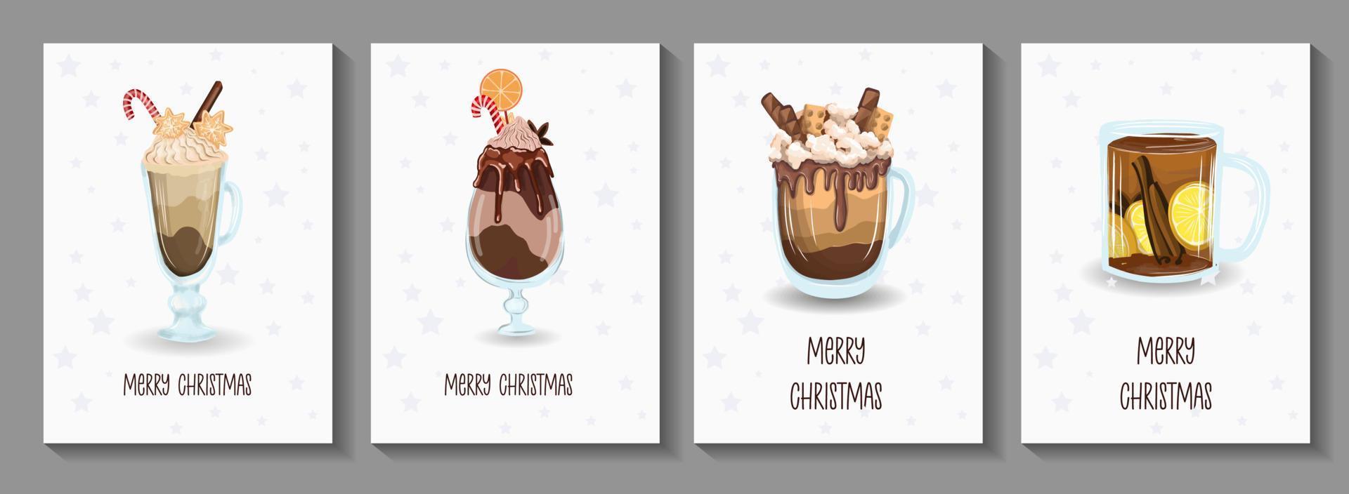 christmas card set with cute winter mugs. Drawn mugs with cocoa and hot chocolate, decorated with cinnamon sticks, cream and Christmas caramel. Cozy winter illustration in vintage style. Hygge style. vector