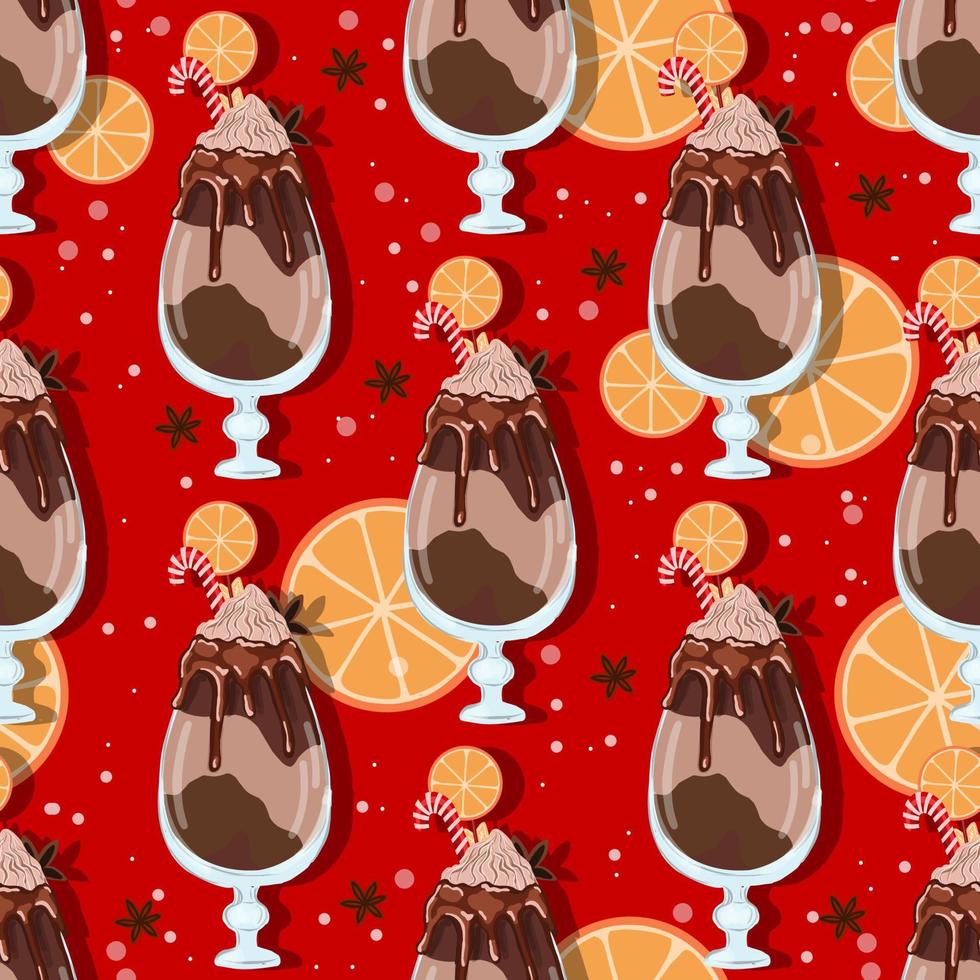 Seamless Christmas pattern. Wrapping paper for coffee bar. Cappuccino or frapuccino pattern. Hand drawn vector illustration. Winter drink with cream and spices.Christmas caramel.