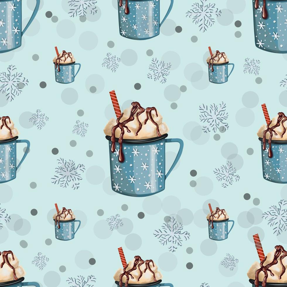 christmas seamless background with cups of cocoa. Bright illustration of a coffee cup. vector