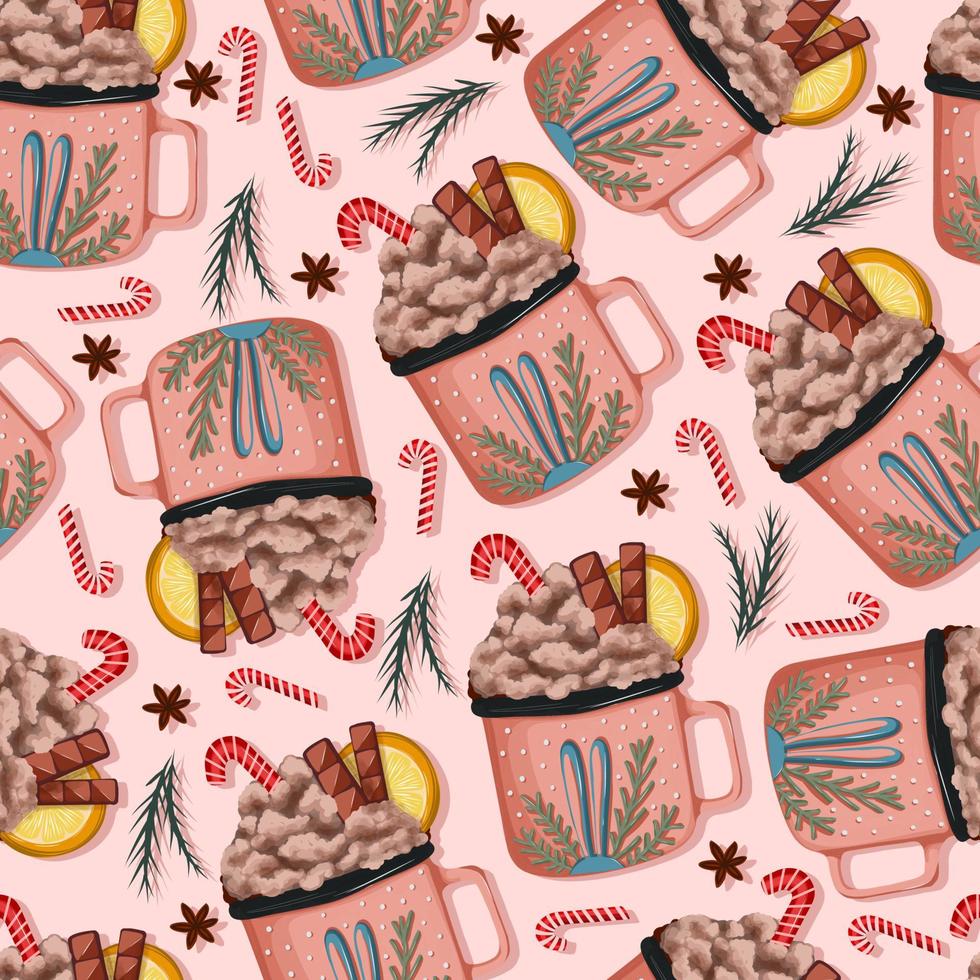 christmas seamless background with cups of cocoa. Bright illustration of a coffee cup. vector