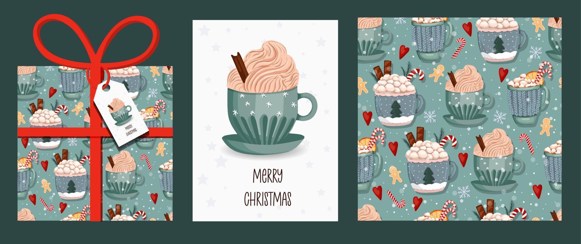 conjunto de navidad, conjunto de plantillas de navidad y año nuevo para scrapbooking de saludo, felicitaciones, invitaciones, etiquetas, tarjetas. ilustración vectorial.plantillas artísticas creativas con tazas de invierno. vector