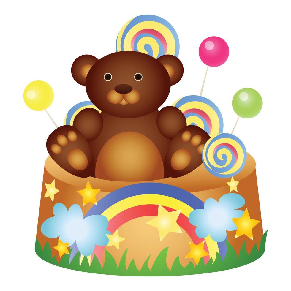 Teddy birthday cake icon, cartoon style vector