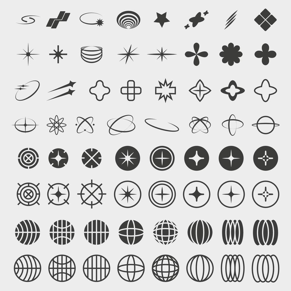 Y2K symbols. Retro star icons, trendy acid rave and graphic elements for posters and streetwear fashion design vector set