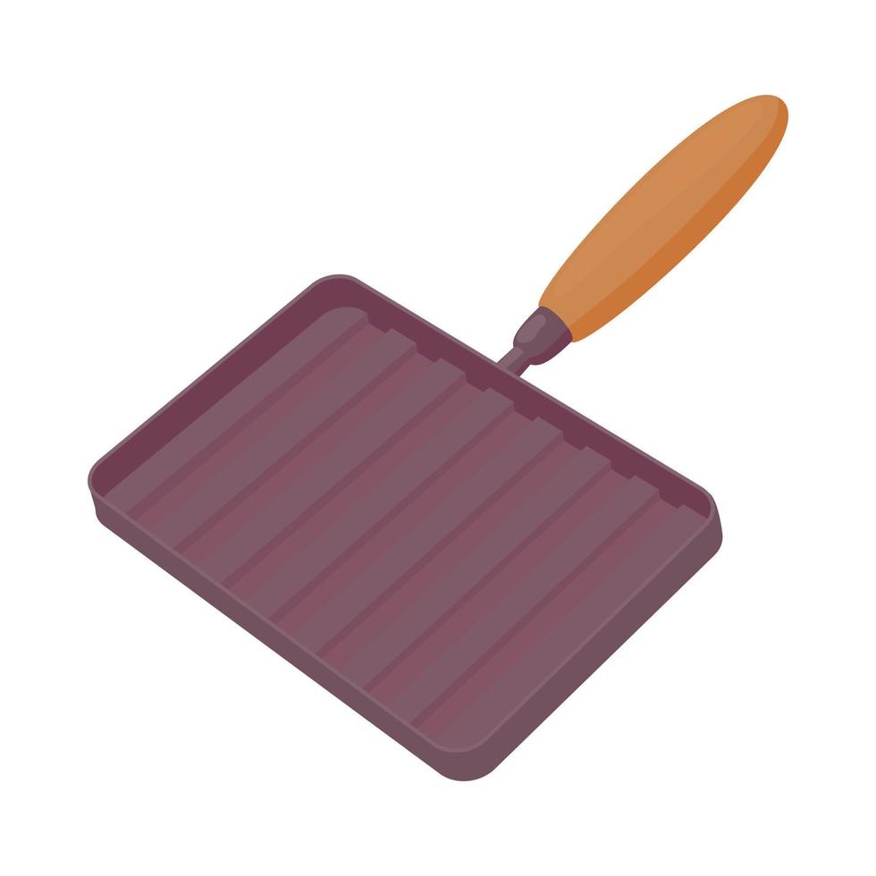 Grill pan with a wooden handle icon, cartoon style vector