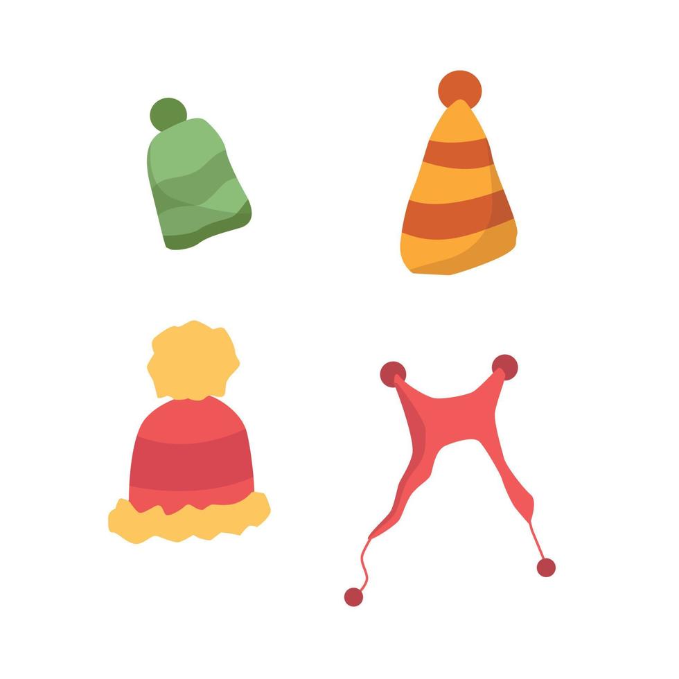 A set of winter hats. A collection of bright wool knitted autumn-winter hats. Children's knitted accessories for autumn clothes for cold seasonal weather, illustration for printing. Vector