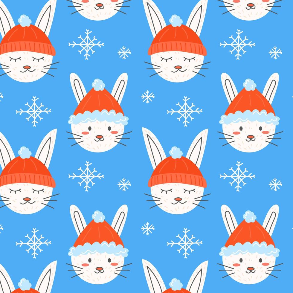 pattern rabbits in Christmas hats and snowflakes vector