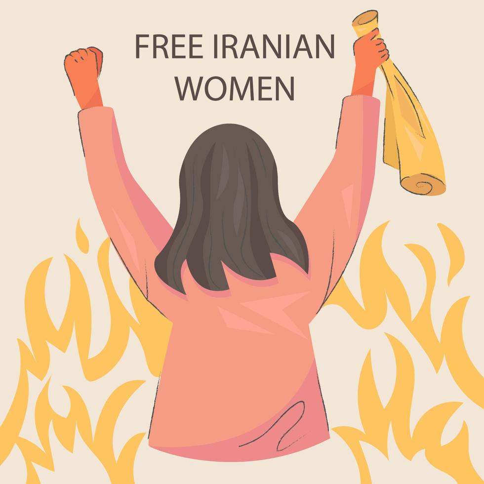 Protestas en Irán, manifestación por los derechos de las mujeres. mujer sostiene pañuelo y fuego vector