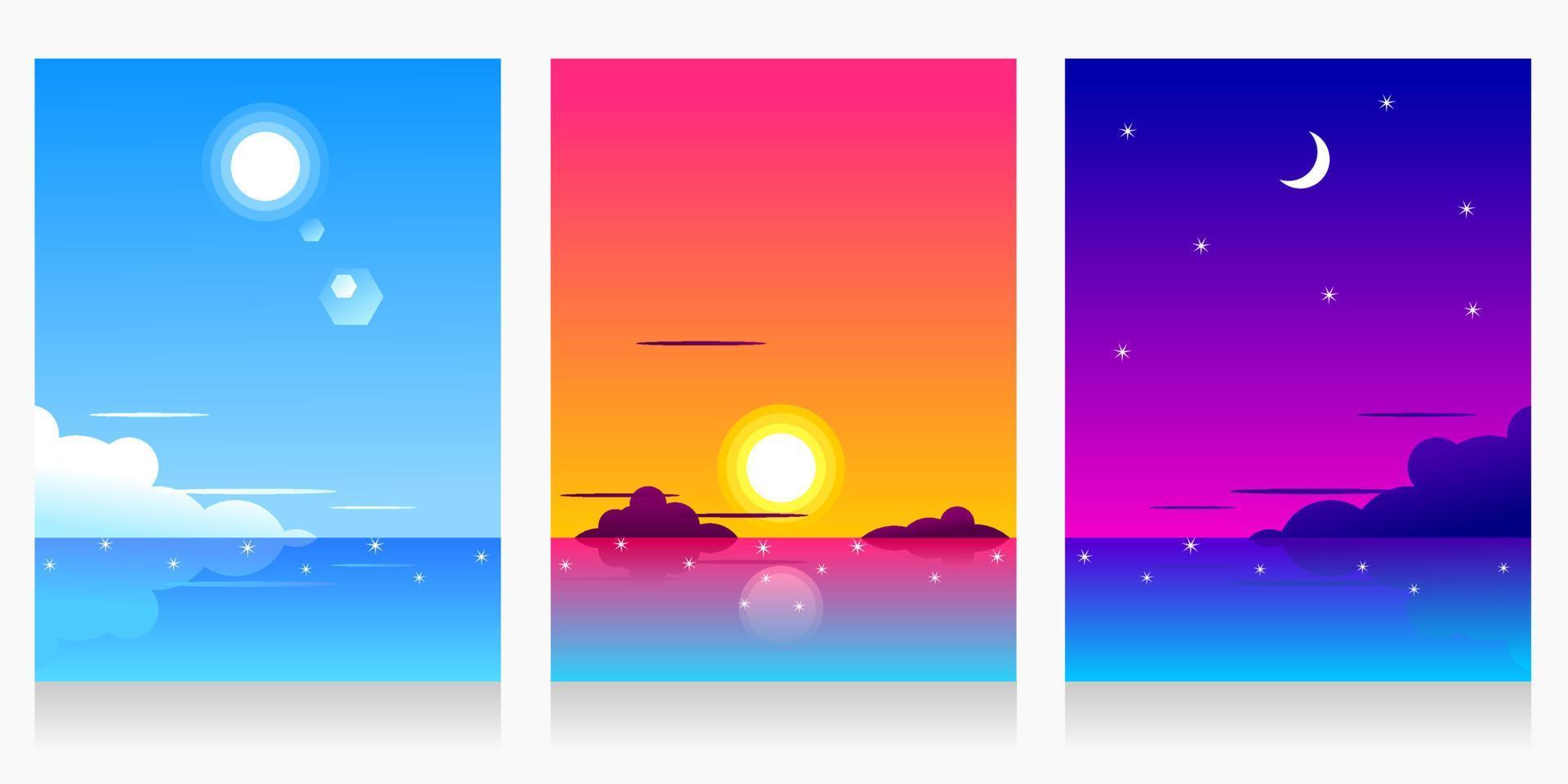 tres paisajes conjunto de vistas a la naturaleza de la playa, ilustración vectorial plana.tarde, tarde, noche. antecedentes. vector