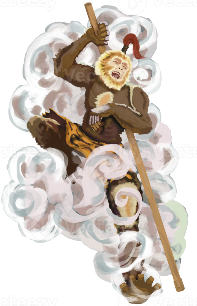 Sun Wukong Monkey King Laughing on a cloud carrying magic stick png