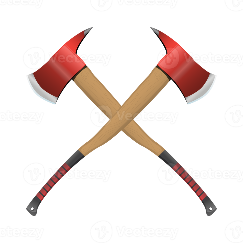 Firefighter crossed axe in realistic style. Red Hatchet. Red fire ax firefighter rescue equipment. Metal woodcutter with handle made of wood. Colorful PNG illustration.