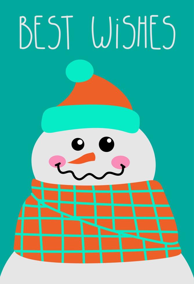 Creative card with a cute snowman. Best wishes lettering. vector