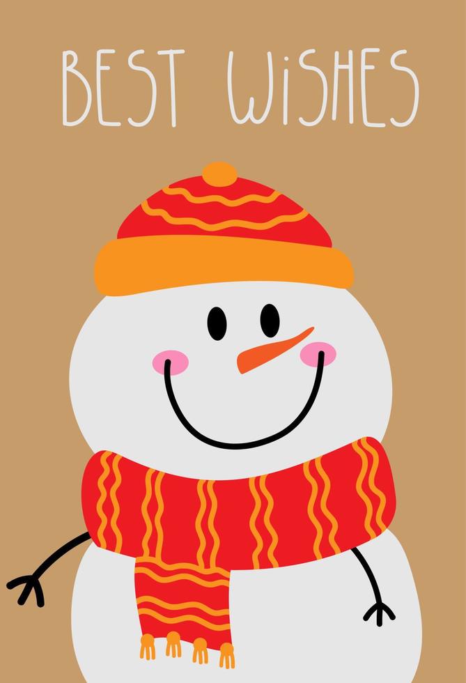 Creative card with a cute snowman. Best wishes lettering. vector