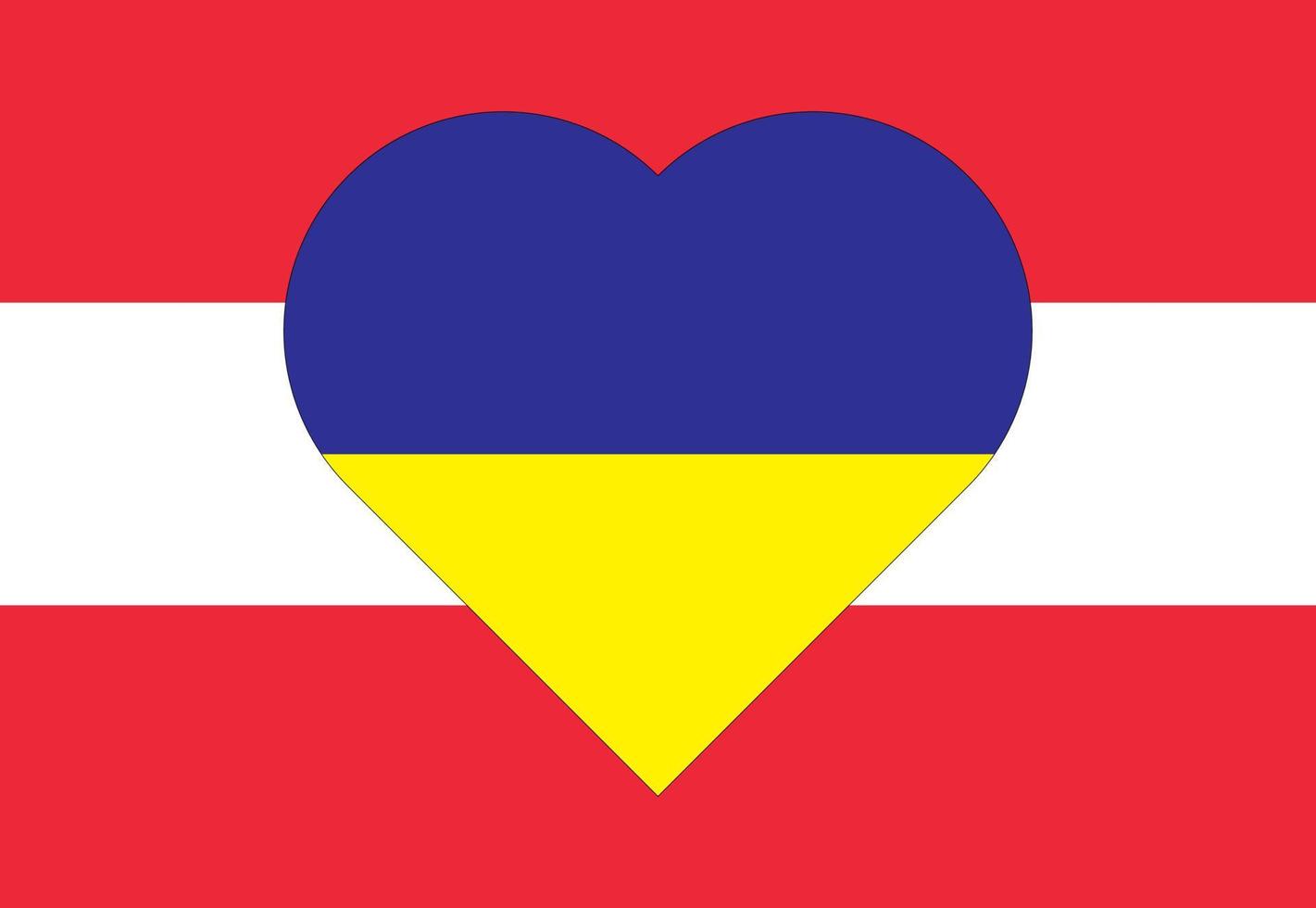 A heart painted in the colors of the flag of Ukraine on the flag of Austria. Vector illustration of a blue and yellow heart on the national symbol.