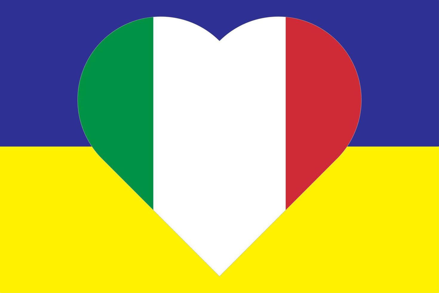 Heart painted in the colors of the flag of Italy on the flag of Ukraine. Vector illustration of a heart with the national symbol of Italy on a blue-yellow background.