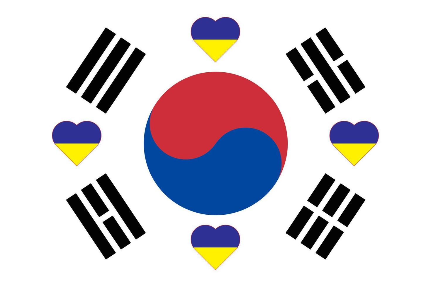 A heart painted in the colors of the flag of Ukraine on the flag of South Korea. Vector illustration of a blue and yellow heart on the national symbol.