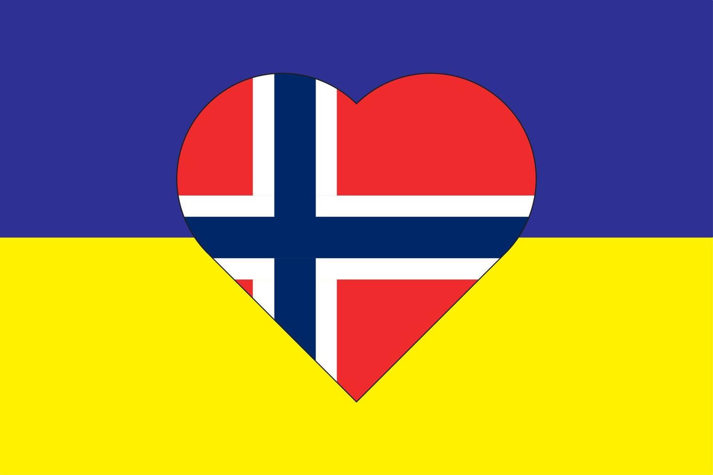 Heart painted in the colors of the flag of Norway on the flag of Ukraine. Vector illustration of a heart with the national symbol of Norway on a blue-yellow background.