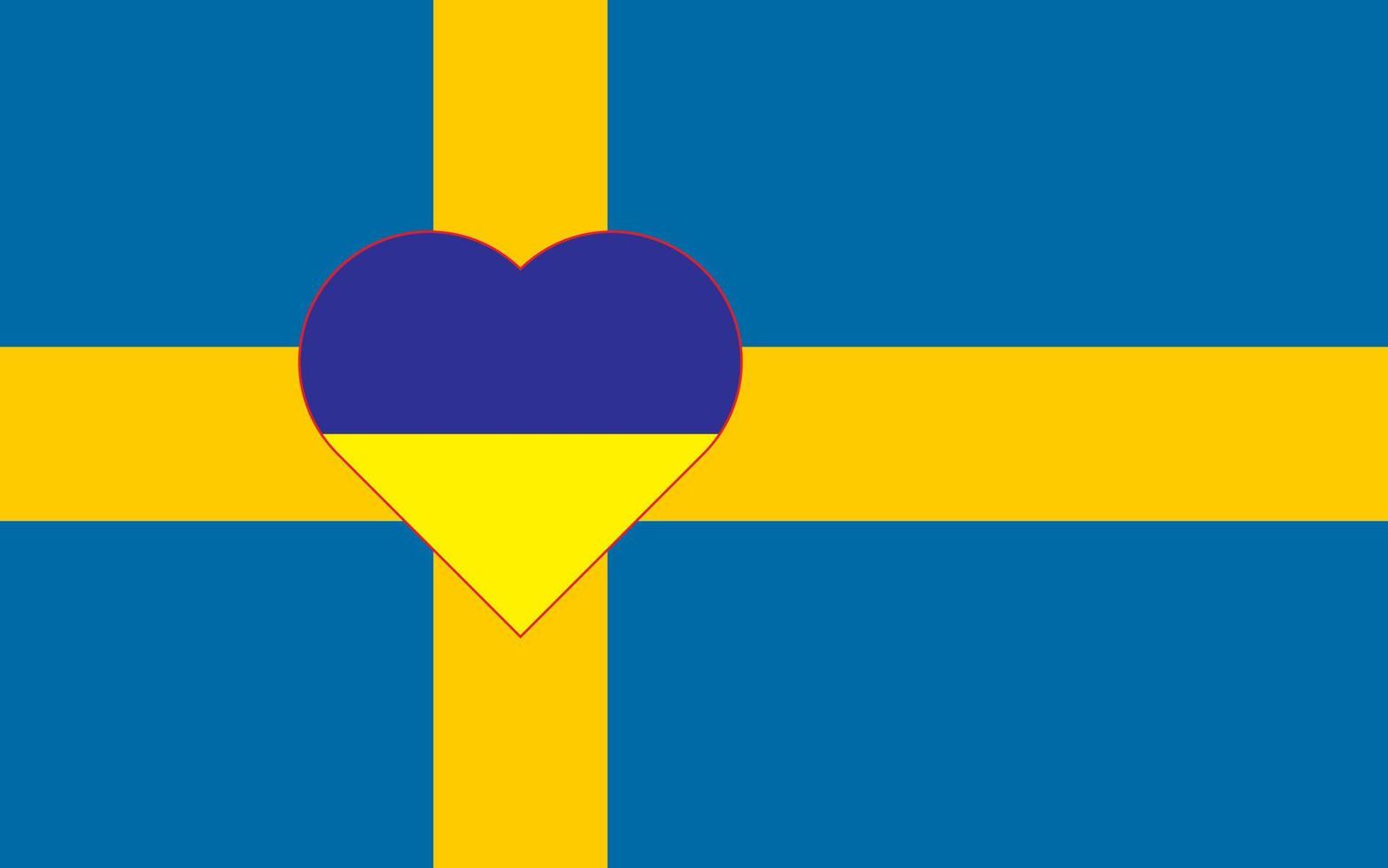 un corazón pintado con los colores de la bandera de ucrania en la bandera de suecia. ilustración vectorial de un corazón azul y amarillo en el símbolo nacional. vector