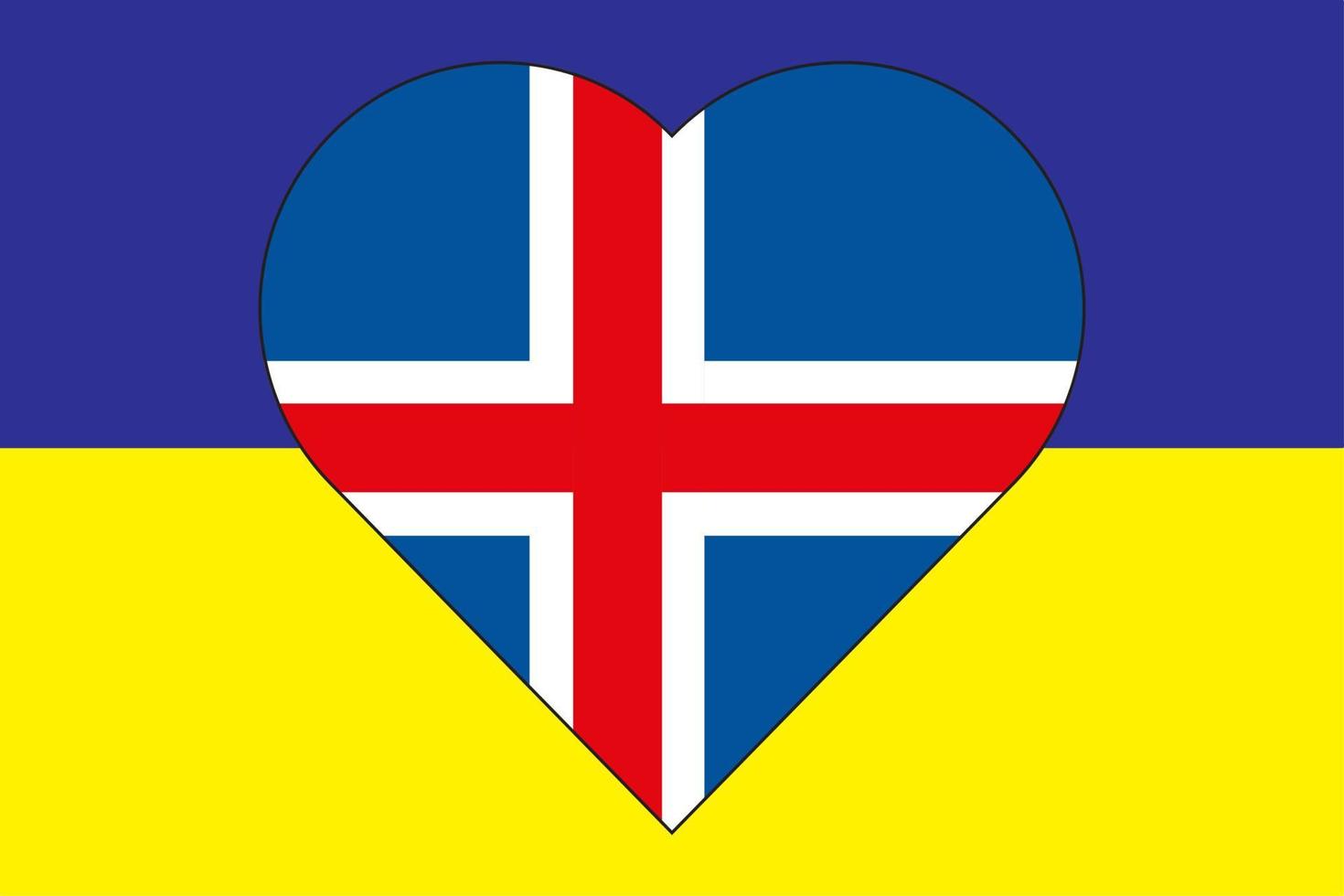 Heart painted in the colors of the flag of Iceland on the flag of Ukraine. Vector illustration of a heart with the national symbol of Iceland on a blue-yellow background.