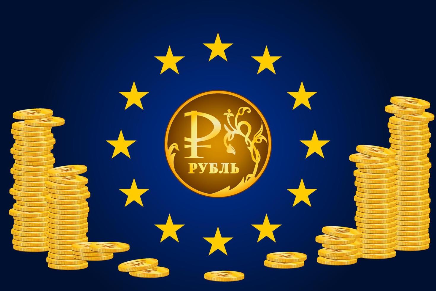 ilustración vectorial de monedas con signo de euro y signo de rublo. el concepto de la crisis financiera en el mundo a partir de la situación en ucrania. vector