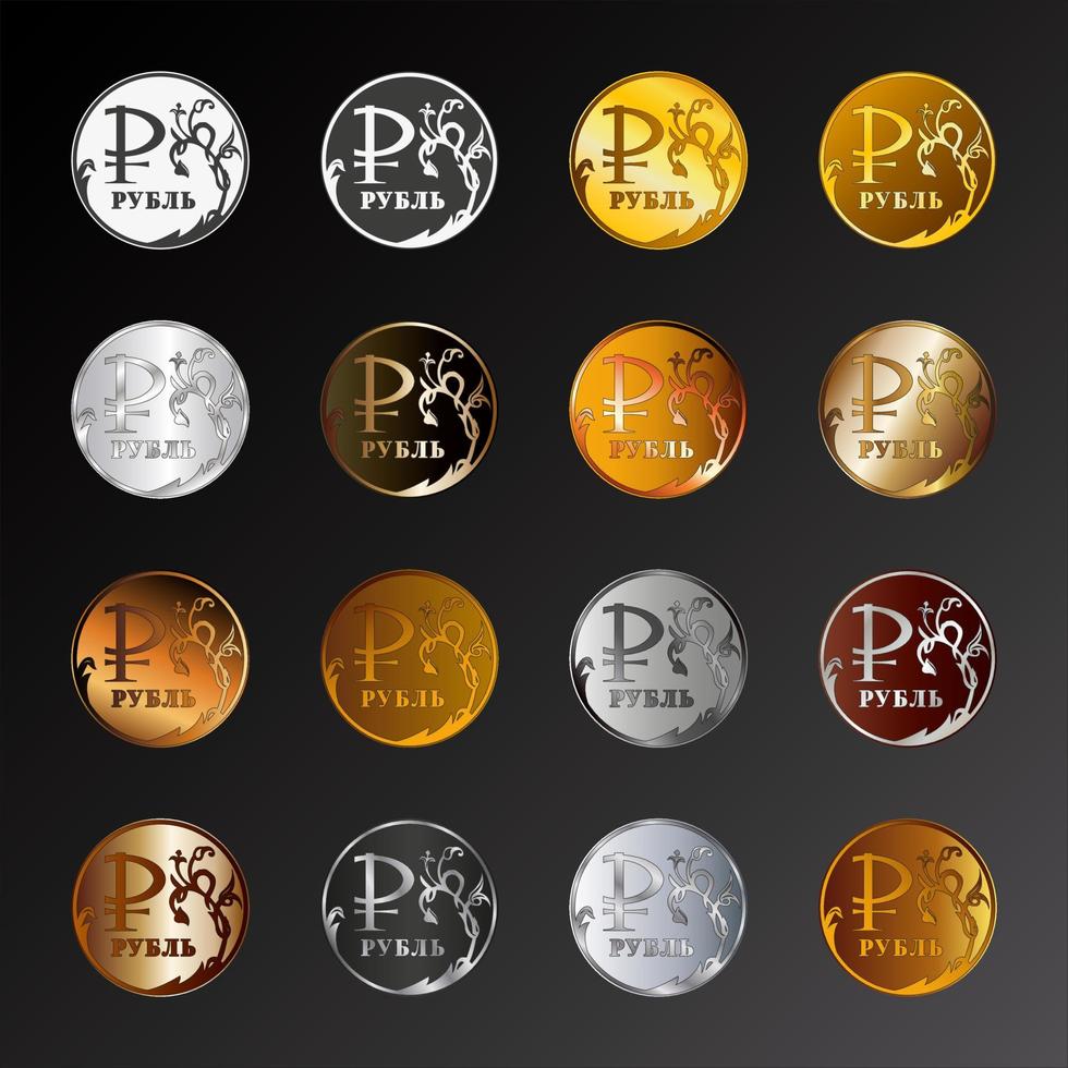 A set of golden-silver badges similar to ruble coins. Vector illustration.