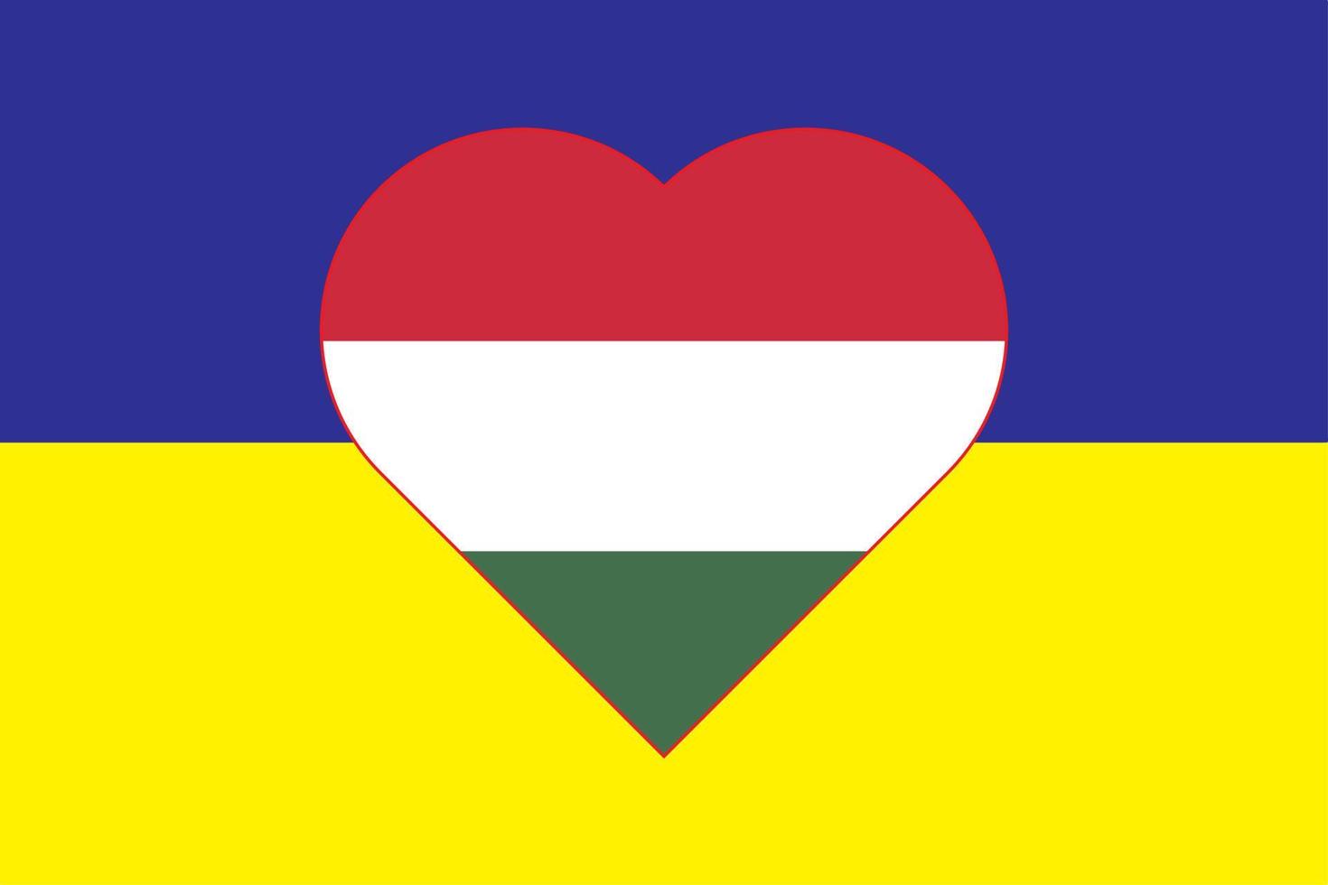 Heart painted in the colors of the flag of Hungary on the flag of Ukraine. Vector illustration of a heart with the national symbol of Hungary on a blue-yellow background.