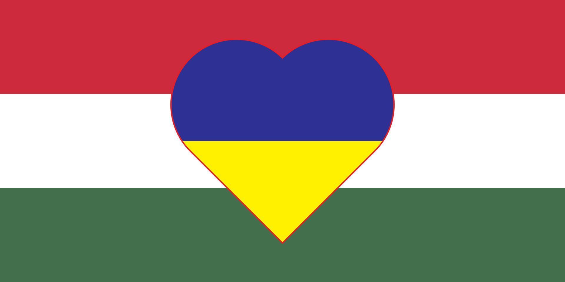 Heart painted in the colors of the flag of Hungary on the flag of Ukraine. Vector illustration of a heart with the national symbol of Hungary on a blue-yellow background.