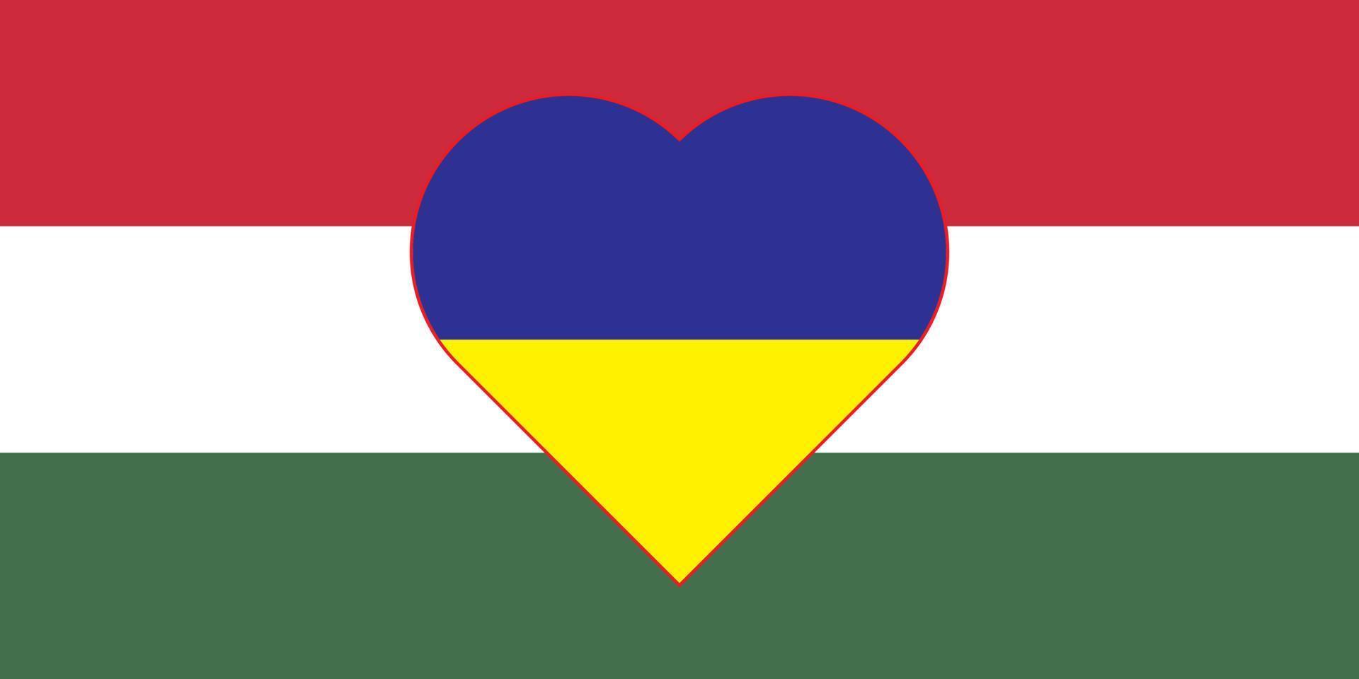 corazón pintado con los colores de la bandera de hungría en la bandera de ucrania. ilustración vectorial de un corazón con el símbolo nacional de hungría sobre un fondo azul-amarillo. vector