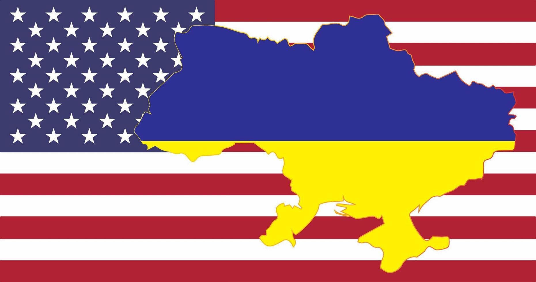 The national flag in the outline map of Ukraine on the USA flag. Vector illustration.