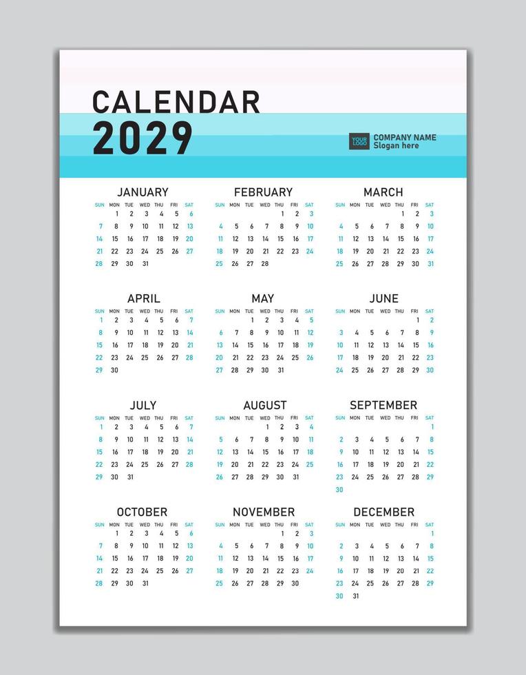 plantilla de calendario de pared 2029, diseño de calendario de escritorio 2029, inicio de semana el domingo, volante de negocios, conjunto de 12 meses, inicio de semana el domingo, organizador, planificador, medios de impresión, concepto pastel de diseño de calendario vector