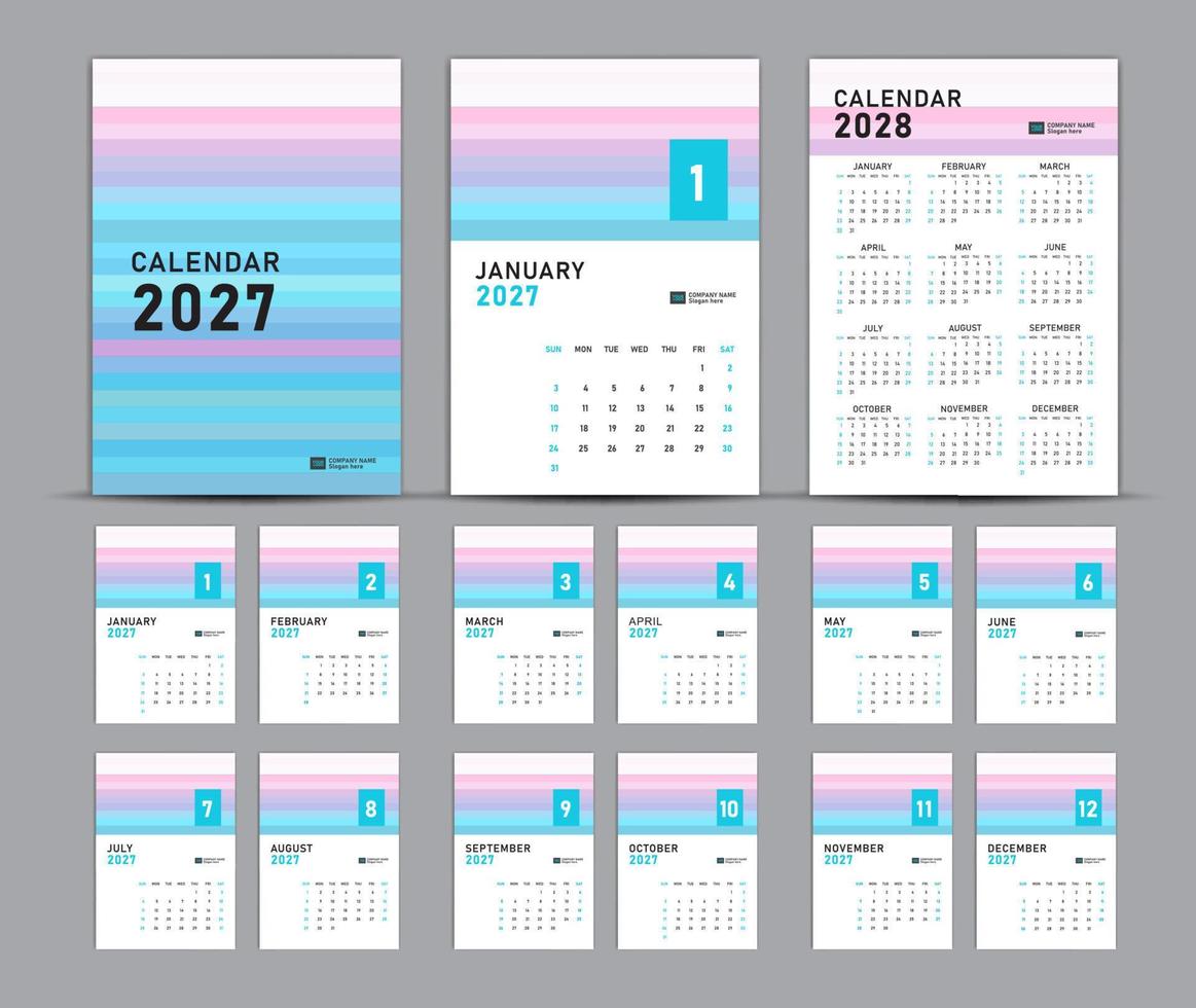 conjunto de plantillas de calendario 2027 y concepto pastel de 2028 años, calendario de pared 2027, conjunto de calendario de escritorio 2027, diseño de portada, conjunto de 12 meses, semana comienza el domingo, papelería, planificador, medios de impresión, póster vector