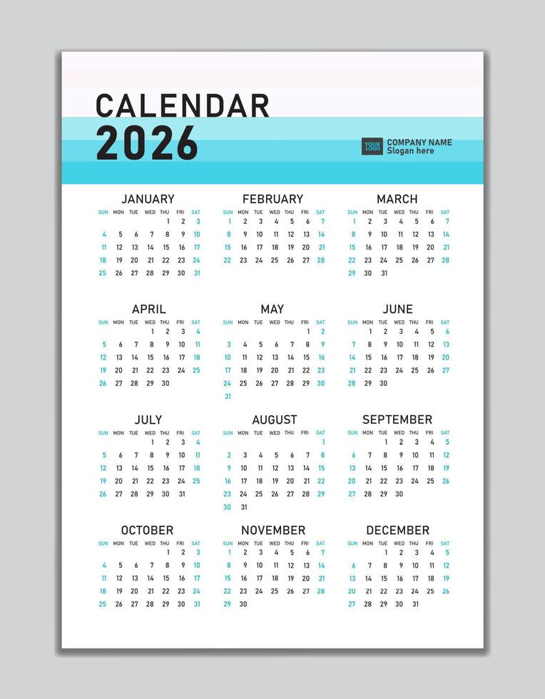 plantilla de calendario de pared 2026, diseño de calendario de escritorio 2026, inicio de semana el domingo, folleto de negocios, conjunto de 12 meses, inicio de semana el domingo, organizador, planificador, medios de impresión, concepto pastel de diseño de calendario vector