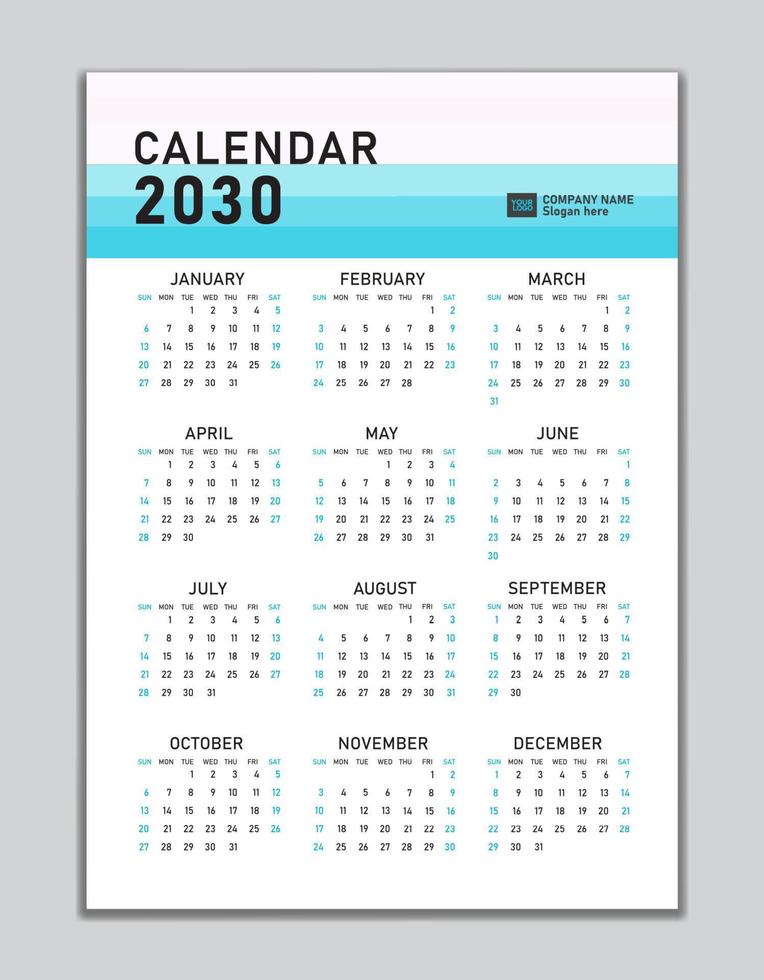 plantilla de calendario de pared 2030, diseño de calendario de escritorio 2030, inicio de semana el domingo, volante de negocios, conjunto de 12 meses, inicio de semana el domingo, organizador, planificador, medios de impresión, diseño de calendario concepto pastel vector