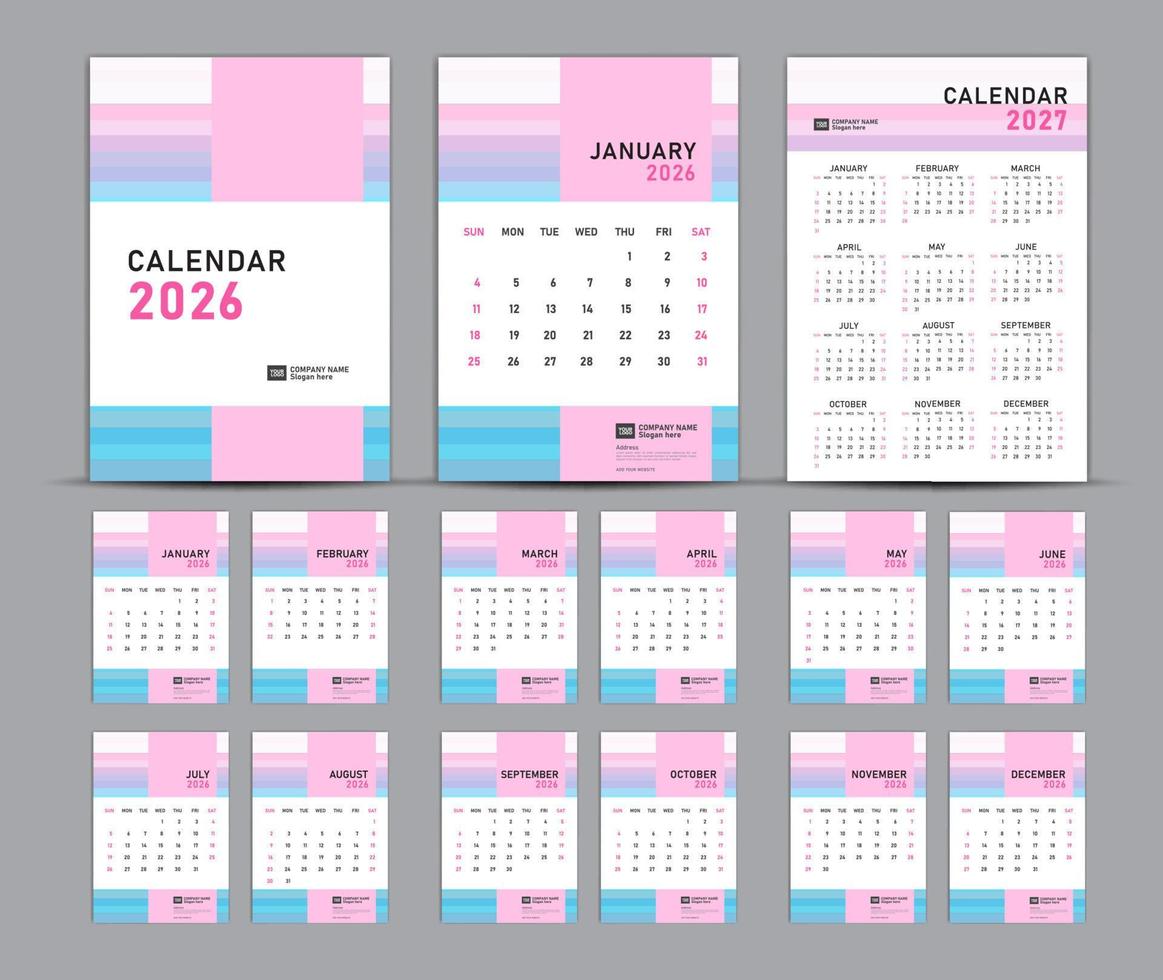 conjunto de plantillas de calendario 2026 y concepto pastel de 2027 años, calendario de pared 2026, conjunto de calendario de escritorio 2026, diseño de portada, conjunto de 12 meses, semana comienza el domingo, papelería, planificador, medios de impresión, afiche vector