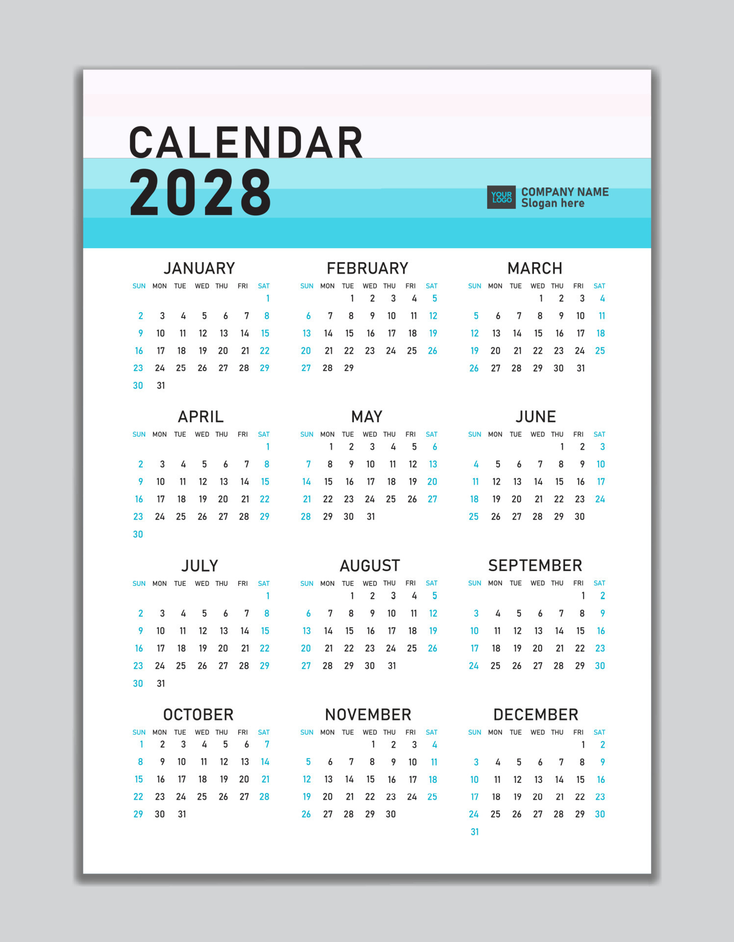 Wall calendar 2028 template, desk calendar 2028 design, Week start Sunday, business flyer, Set