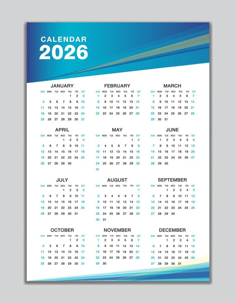 plantilla de calendario de pared 2026, diseño de calendario de escritorio 2026, inicio de semana el domingo, folleto de negocios, conjunto de 12 meses, inicio de semana el domingo, organizador, planificador, medios de impresión, fondo azul de diseño de calendario vector