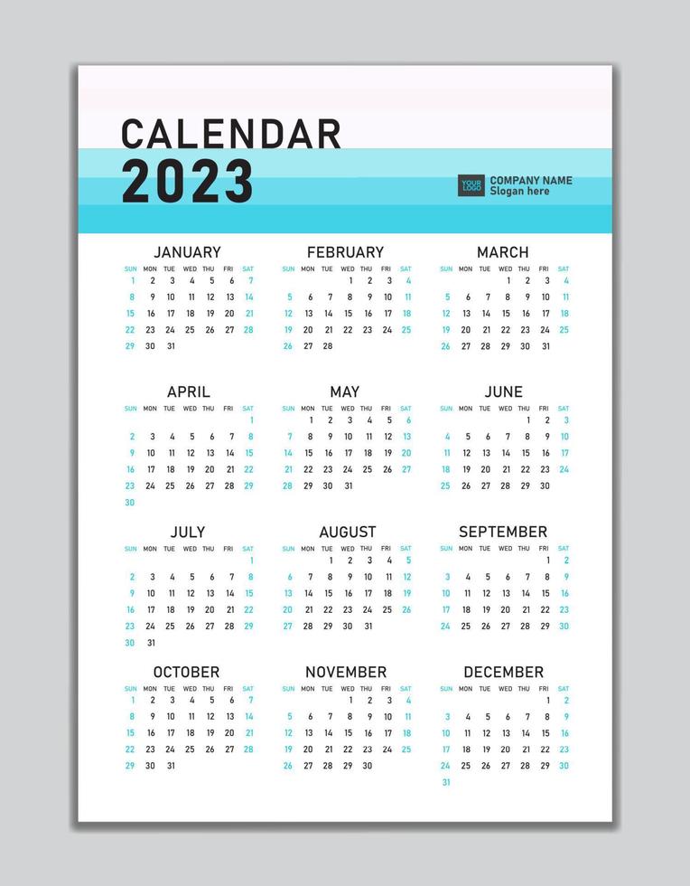 plantilla de calendario de pared 2023, diseño de calendario de escritorio 2023, inicio de semana el domingo, folleto comercial, conjunto de 12 meses, inicio de semana el domingo, organizador, planificador, medios de impresión, concepto pastel de diseño de calendario vector