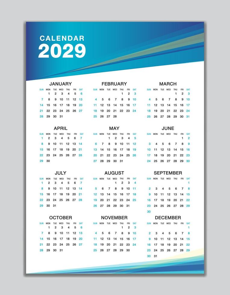 plantilla de calendario de pared 2029, diseño de calendario de escritorio 2029, inicio de semana el domingo, folleto de negocios, conjunto de 12 meses, inicio de semana el domingo, organizador, planificador, medios de impresión, fondo azul de diseño de calendario vector