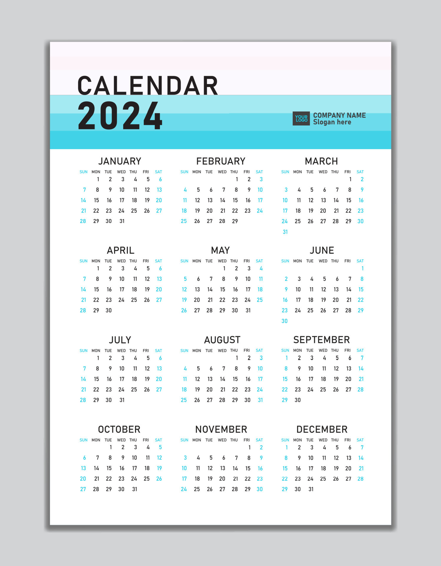 Wall calendar 2024 template, desk calendar 2024 design, Week start Sunday, business flyer, Set