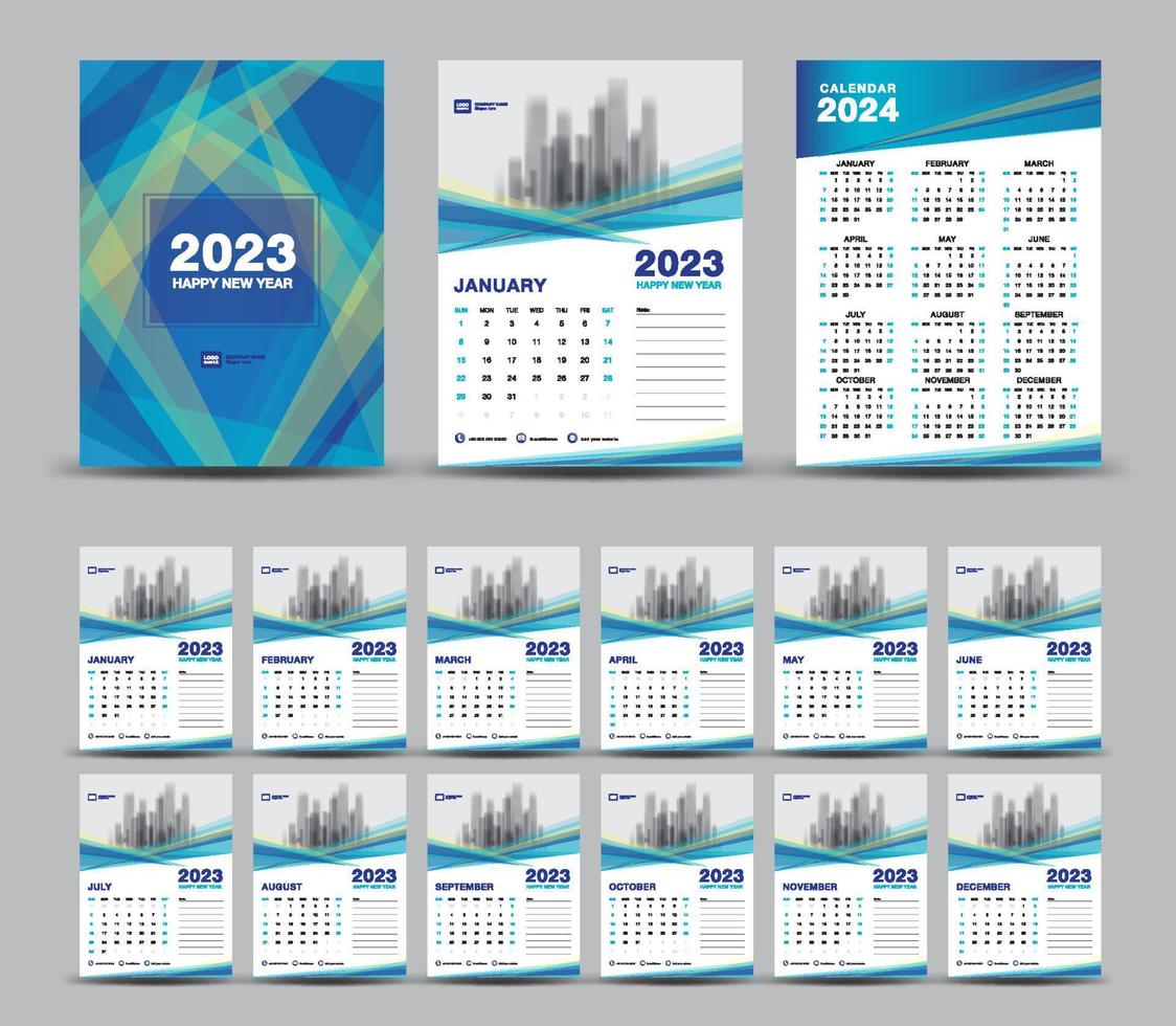 conjunto de plantillas de calendario 2023 y fondo azul mínimo de 2024 años, calendario de pared 2023, conjunto de calendario de escritorio 2023, diseño de portada, conjunto de 12 meses, semana comienza el domingo, papelería, planificador, portada azul vector