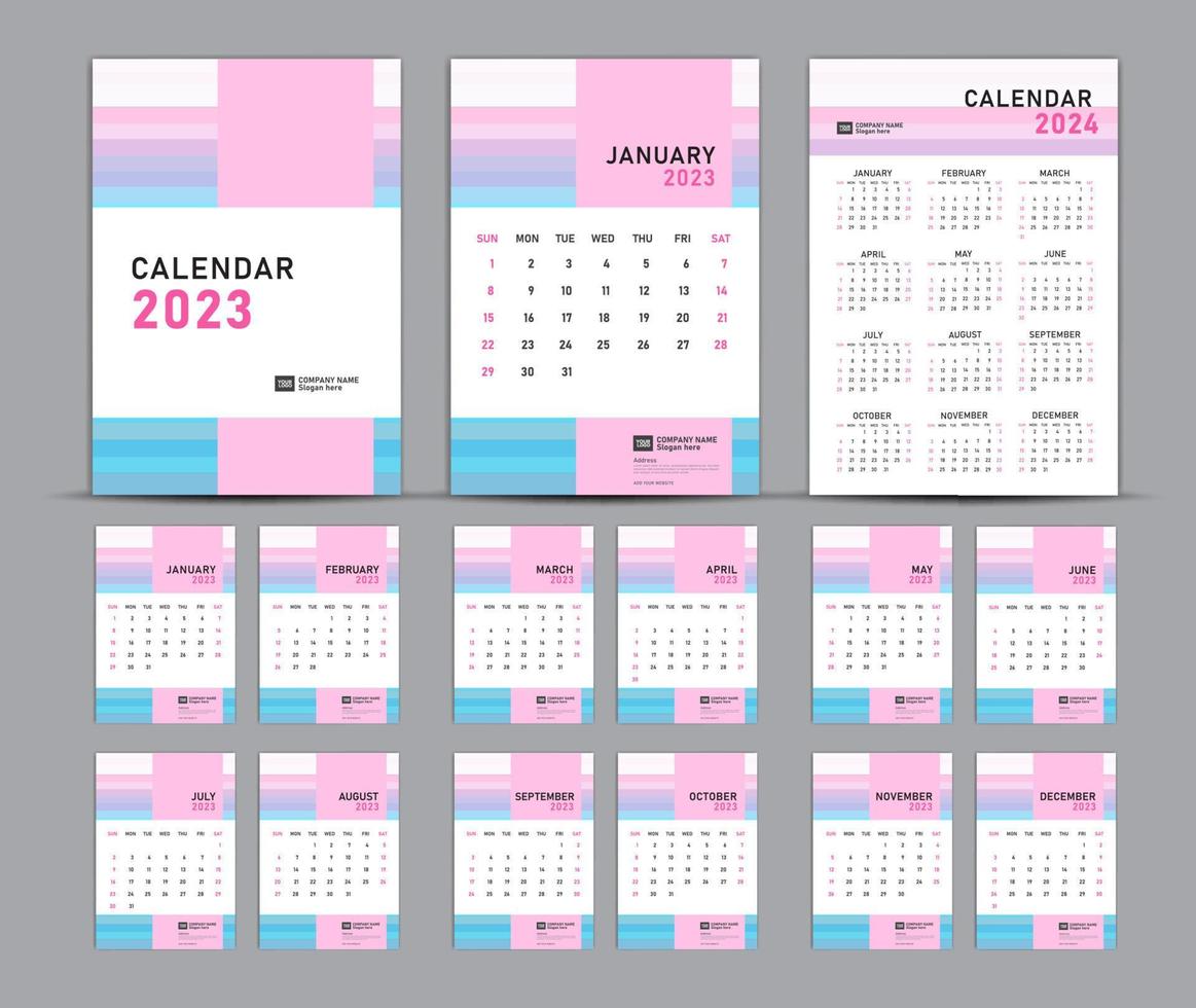 Calendar 2023 template set and 2024 year pastel concept, wall calendar 2023, Desk calendar 2023 set, cover design, Set of 12 Months, Week starts Sunday, Stationery, planner, printing media, poster vector