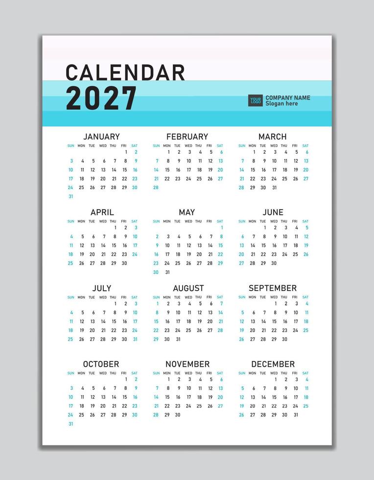 plantilla de calendario de pared 2027, diseño de calendario de escritorio 2027, inicio de semana el domingo, folleto de negocios, conjunto de 12 meses, inicio de semana el domingo, organizador, planificador, medios de impresión, concepto pastel de diseño de calendario vector