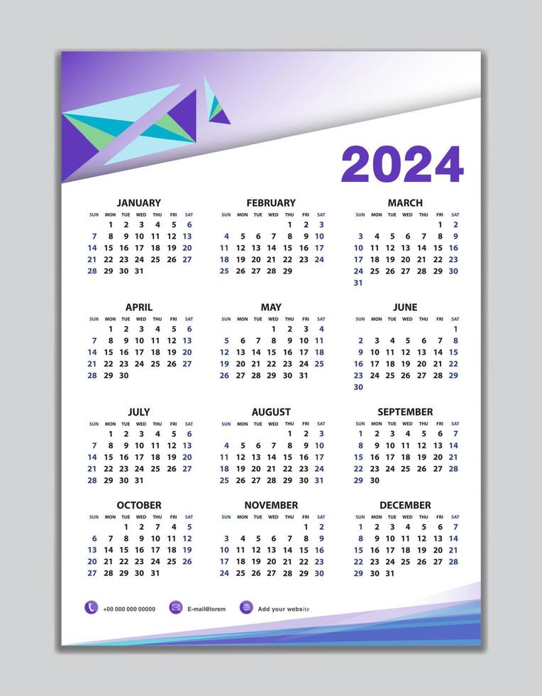 Wall calendar 2024 template, desk calendar 2024 design, Week start Sunday, business flyer, Set of 12 Months, Week starts Sunday, organizer, planner, printing media, calendar design purple background vector