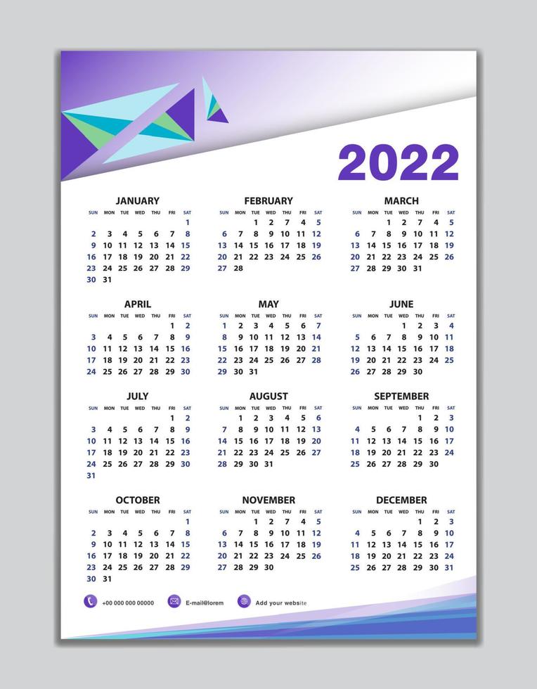 plantilla de calendario de pared 2022, diseño de calendario de escritorio 2022, inicio de semana el domingo, folleto de negocios, conjunto de 12 meses, inicio de semana el domingo, organizador, planificador, medios de impresión, diseño de calendario fondo morado vector