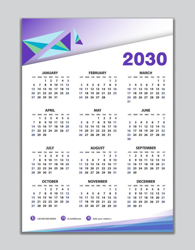 plantilla de calendario de pared 2030, diseño de calendario de escritorio 2030, inicio de semana el domingo, volante de negocios, conjunto de 12 meses, inicio de semana el domingo, organizador, planificador, medios de impresión, diseño de calendario fondo morado vector