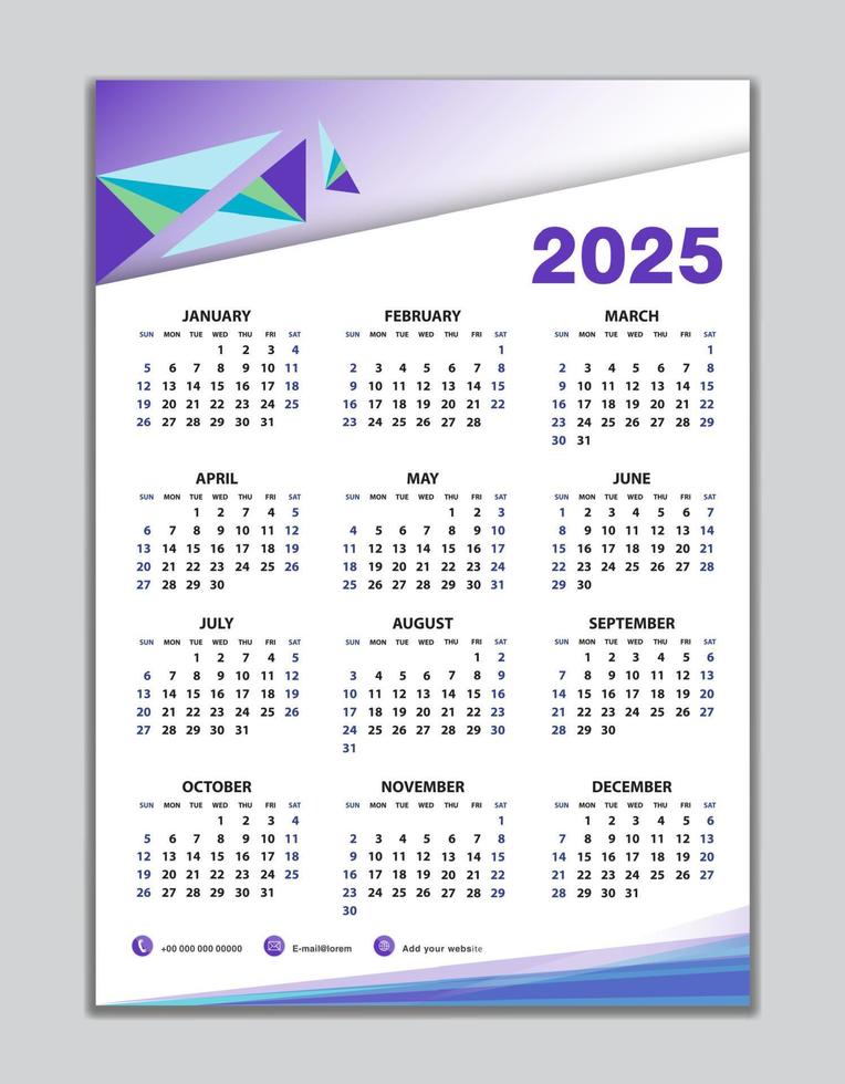 plantilla de calendario de pared 2025, diseño de calendario de escritorio 2025, inicio de semana el domingo, volante de negocios, conjunto de 12 meses, inicio de semana el domingo, organizador, planificador, medios de impresión, diseño de calendario fondo morado vector