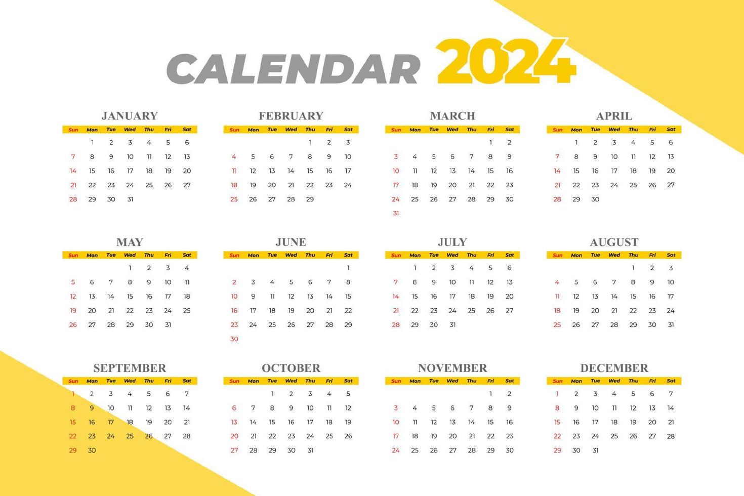 2024 calendar template vector, simple minimal design, 2024 planner, 2024  wall calendar, Week starts on sunday. Advertising, printing, stationery,  organizational office 22603601 Vector Art at Vecteezy