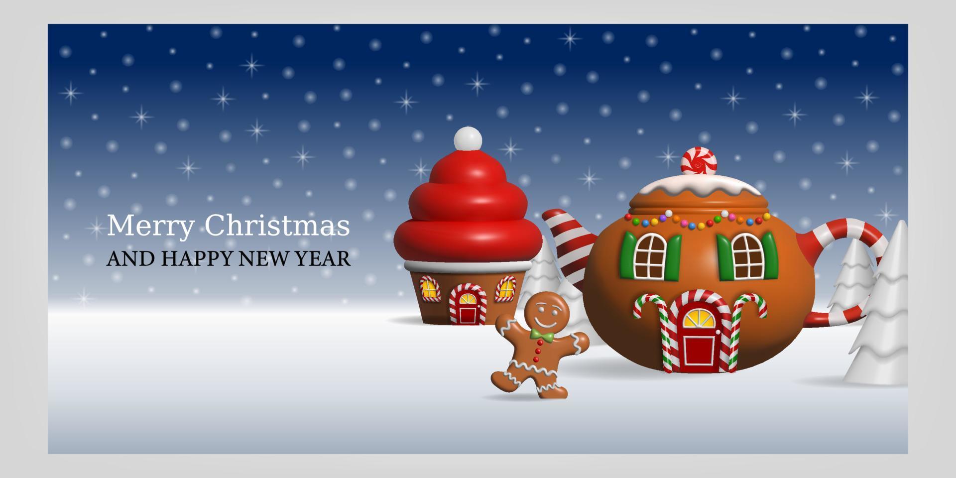 christmas background with fantasy landscape. christmas landscape with cupcake and teapot shaped houses and gingerbread man vector