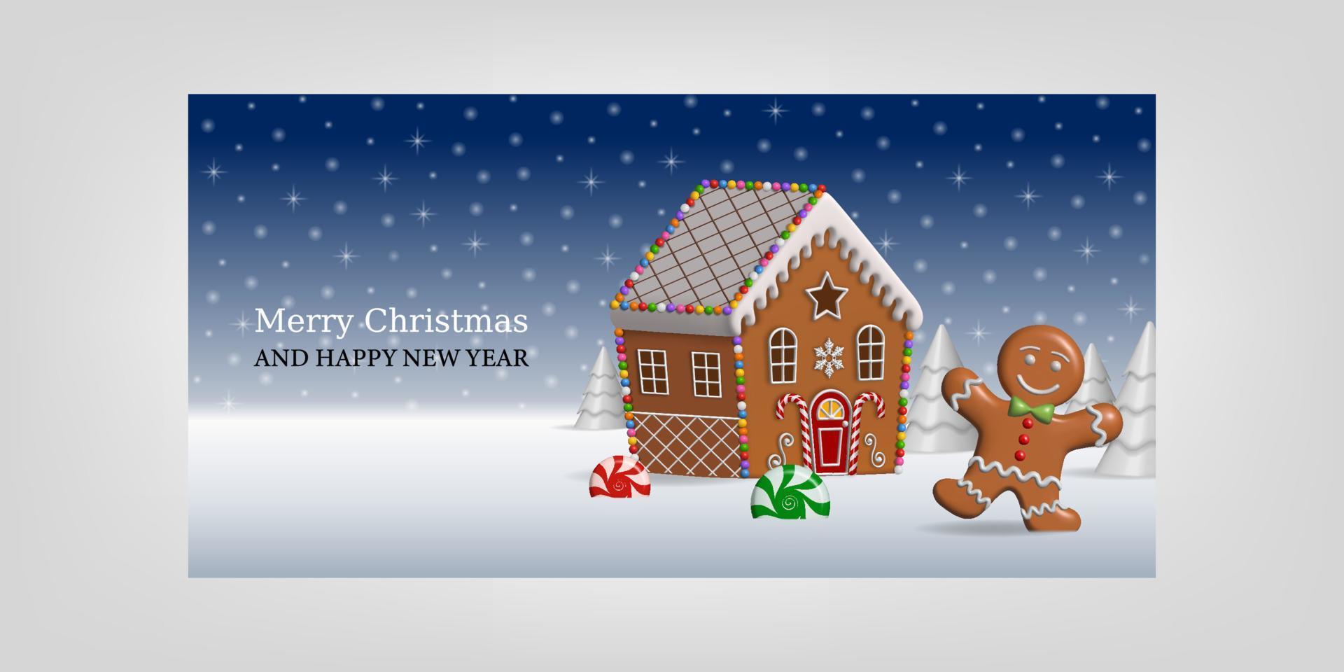 fondo de navidad con paisaje de pan de jengibre 3d. tarjeta de navidad con hombre de pan de jengibre y casa de pan de jengibre vector