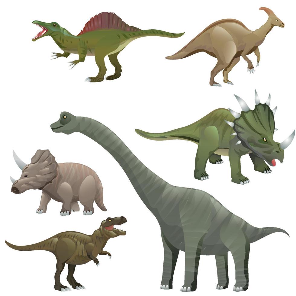 personaje de dibujos animados de dinosaurios. braquiosaurio, pterodáctilo, tiranosaurio rex, esqueleto de dinosaurio, triceratops, estegosaurio. Ilustración de vector de animales divertidos