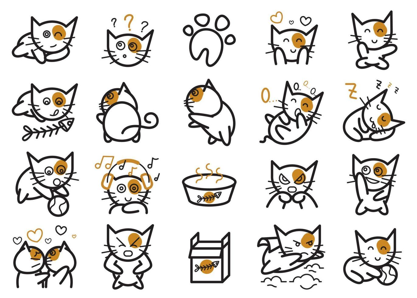 Cute and funny cats doodle vector set. Cartoon cat or kitten characters design collection with flat colors in different poses. Set of purebred pet animals isolated on white background.